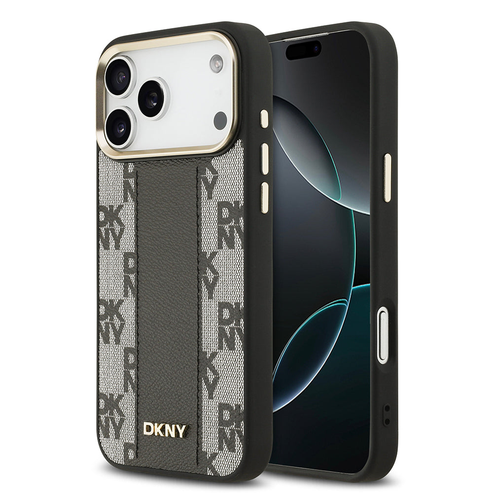 Apple iPhone 17 Pro Max Kılıf DKNY Orjinal Lisanslı M-safe Şarj Özellikli 3D Yazılı Checkered Pattern Kapak Bej