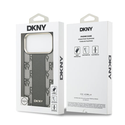 Apple iPhone 17 Pro Max Kılıf DKNY Orjinal Lisanslı M-safe Şarj Özellikli 3D Yazılı Checkered Pattern Kapak Bej