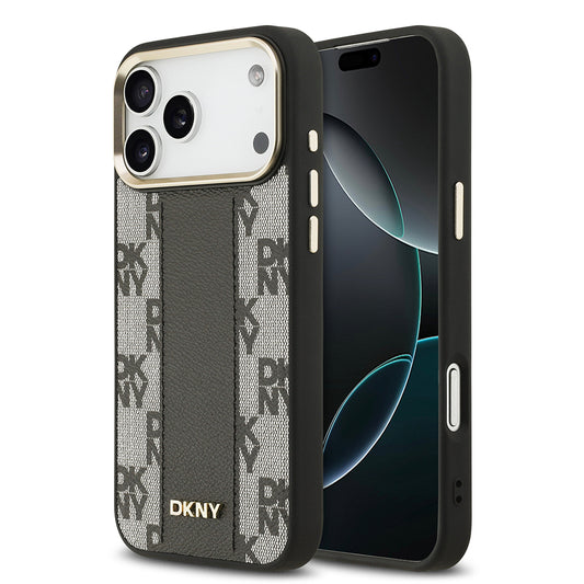 Apple iPhone 17 Pro Max Kılıf DKNY Orjinal Lisanslı M-safe Şarj Özellikli 3D Yazılı Checkered Pattern Kapak Siyah