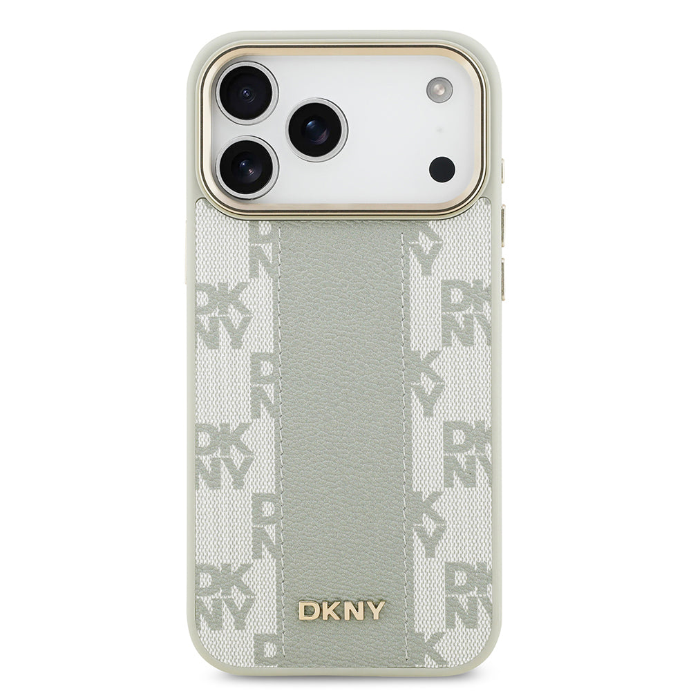 Apple iPhone 17 Pro Max Kılıf DKNY Orjinal Lisanslı M-safe Şarj Özellikli 3D Yazılı Checkered Pattern Kapak Bej
