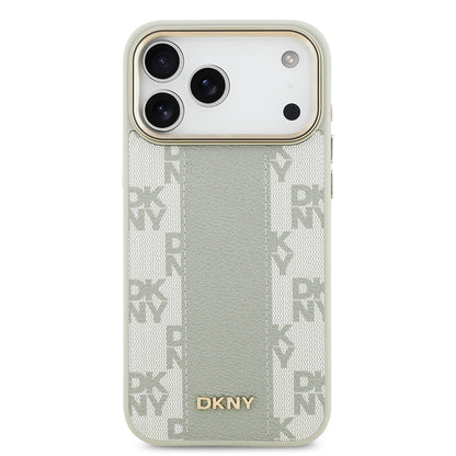 Apple iPhone 17 Pro Max Kılıf DKNY Orjinal Lisanslı M-safe Şarj Özellikli 3D Yazılı Checkered Pattern Kapak Bej