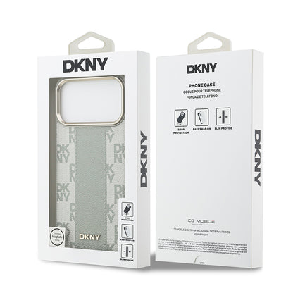 Apple iPhone 17 Pro Max Kılıf DKNY Orjinal Lisanslı M-safe Şarj Özellikli 3D Yazılı Checkered Pattern Kapak Bej