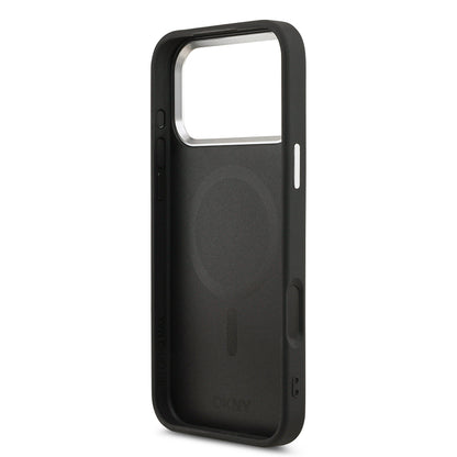 Apple iPhone 17 Pro Max Kılıf DKNY Orjinal Lisanslı M-safe Şarj Özellikli PU Deri Kabartmalı Kapak Siyah