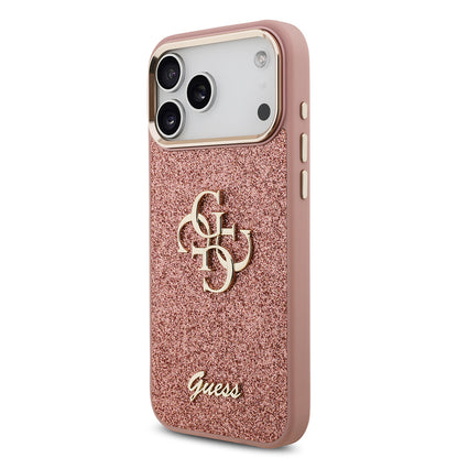 Apple iPhone 17 Pro Max Kılıf Guess Orjinal Lisanslı 4G Büyük Metal Kamera Çerçeveli ve Logolu Glitter Kapak Pembe