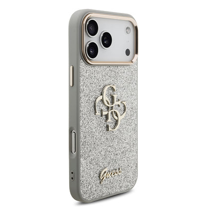 Apple iPhone 17 Pro Max Kılıf Guess Orjinal Lisanslı 4G Büyük Metal Kamera Çerçeveli ve Logolu Glitter Kapak Gold