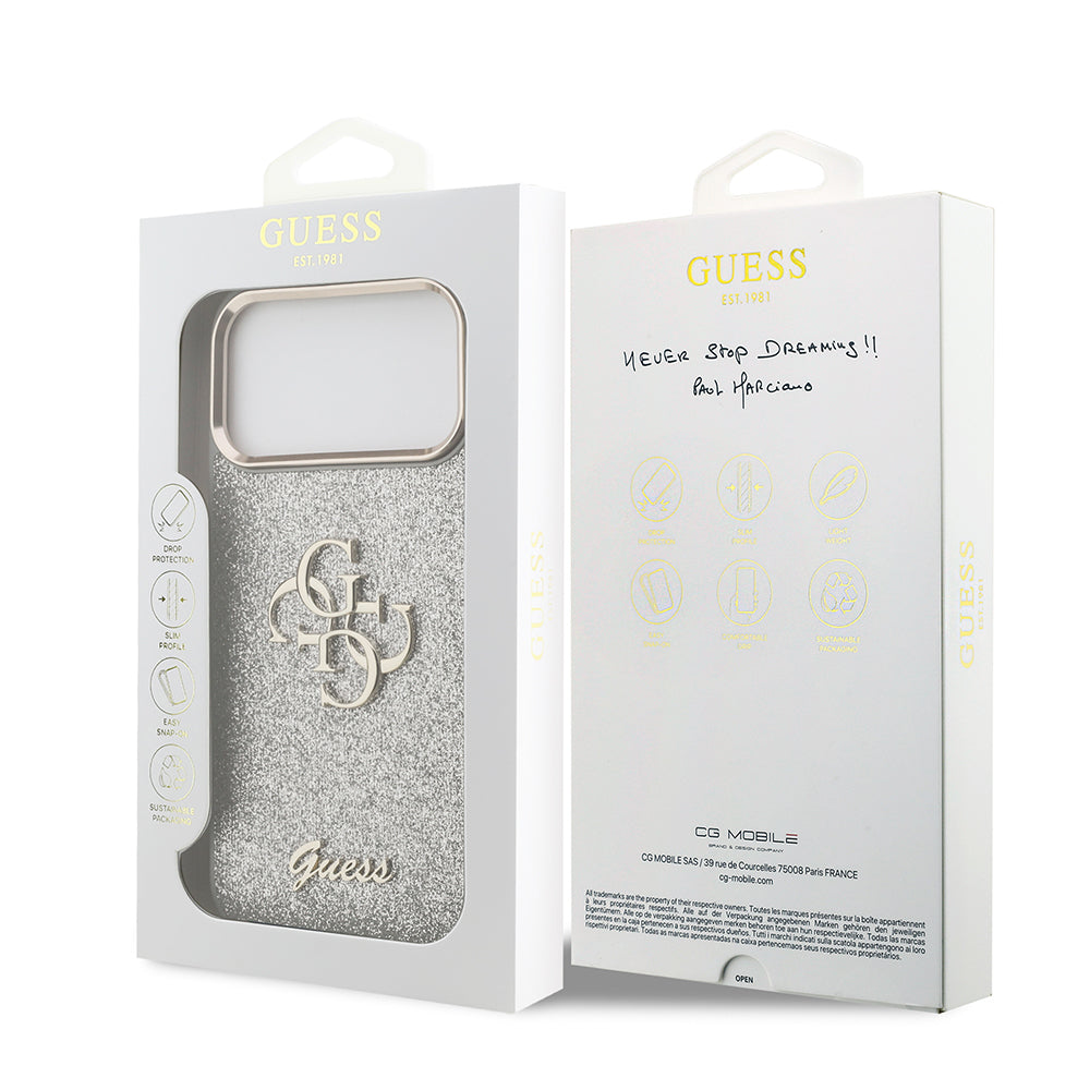 Apple iPhone 17 Pro Max Kılıf Guess Orjinal Lisanslı 4G Büyük Metal Kamera Çerçeveli ve Logolu Glitter Kapak Pembe