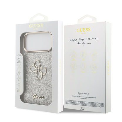 Apple iPhone 17 Pro Max Kılıf Guess Orjinal Lisanslı 4G Büyük Metal Kamera Çerçeveli ve Logolu Glitter Kapak Pembe