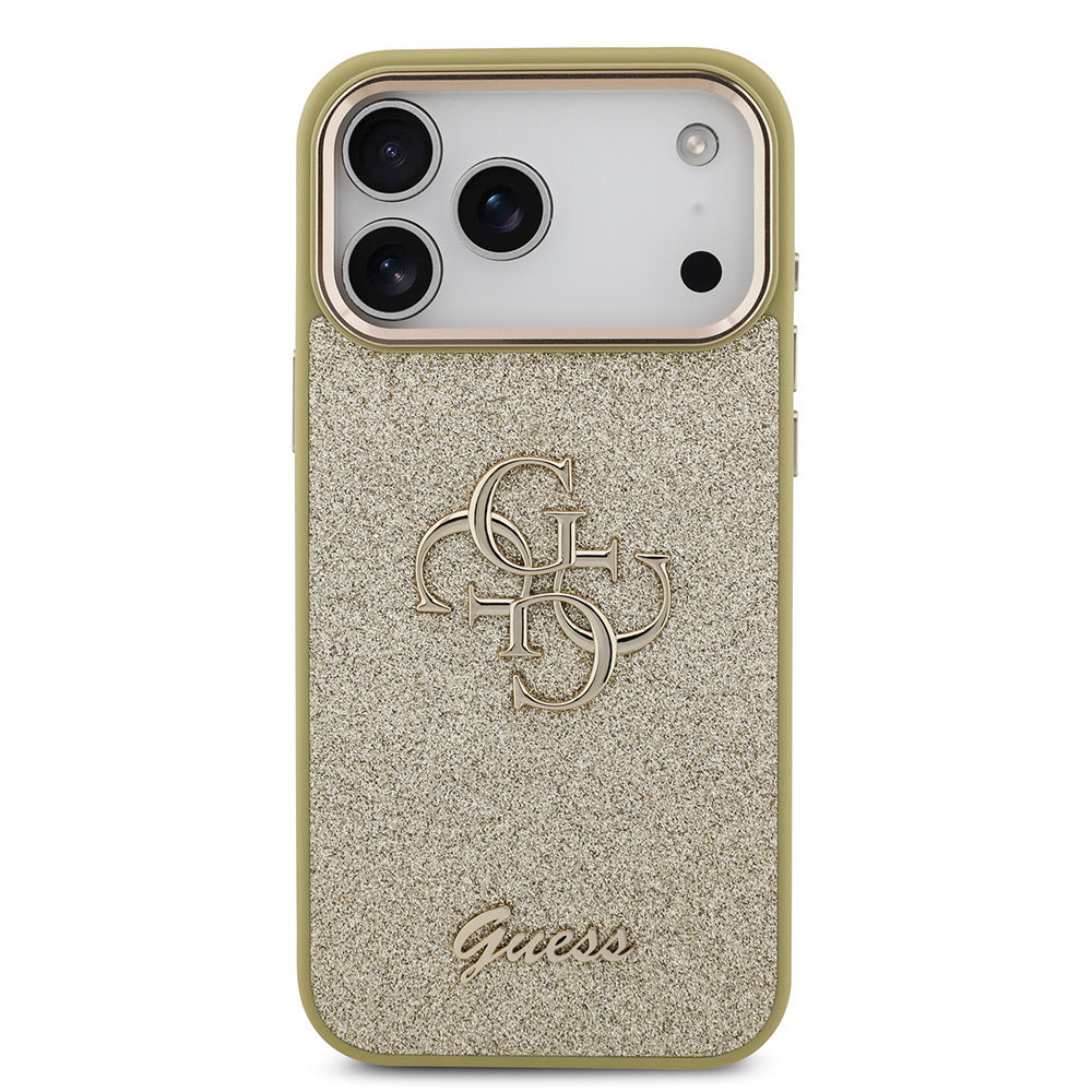 Apple iPhone 17 Pro Max Kılıf Guess Orjinal Lisanslı 4G Büyük Metal Kamera Çerçeveli ve Logolu Glitter Kapak Gold