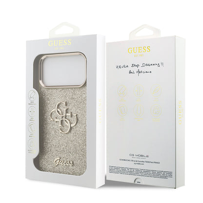 Apple iPhone 17 Pro Max Kılıf Guess Orjinal Lisanslı 4G Büyük Metal Kamera Çerçeveli ve Logolu Glitter Kapak Gold