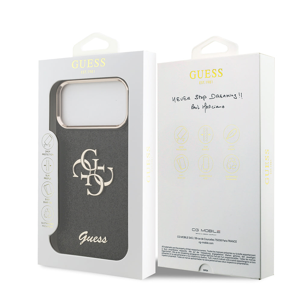 Apple iPhone 17 Pro Max Kılıf Guess Orjinal Lisanslı 4G Büyük Metal Kamera Çerçeveli ve Logolu Glitter Kapak Gri