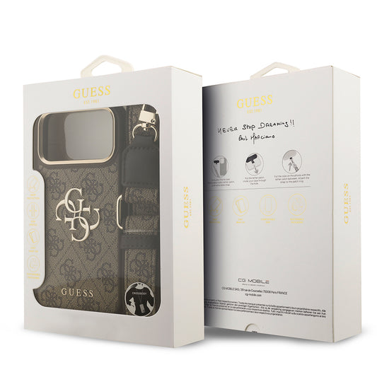 Apple iPhone 17 Pro Max Kılıf Guess Orjinal Lisanslı 4G Büyük Metal Logolu Kalın Askılı Kapak Kahverengi