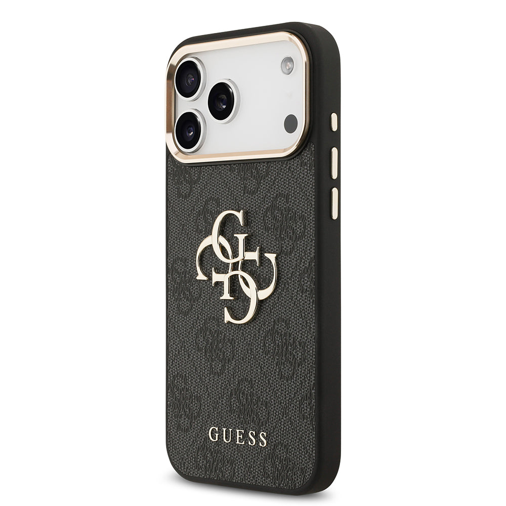 Apple iPhone 17 Pro Max Kılıf Guess Orjinal Lisanslı Gold Metal Kamera Çerçeveli 4G Desenli Metal Büyük 4G ve Yazı Logolu Kapak Kahverengi