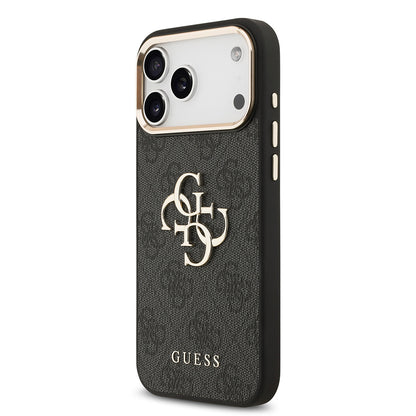 Apple iPhone 17 Pro Max Kılıf Guess Orjinal Lisanslı Gold Metal Kamera Çerçeveli 4G Desenli Metal Büyük 4G ve Yazı Logolu Kapak Pembe