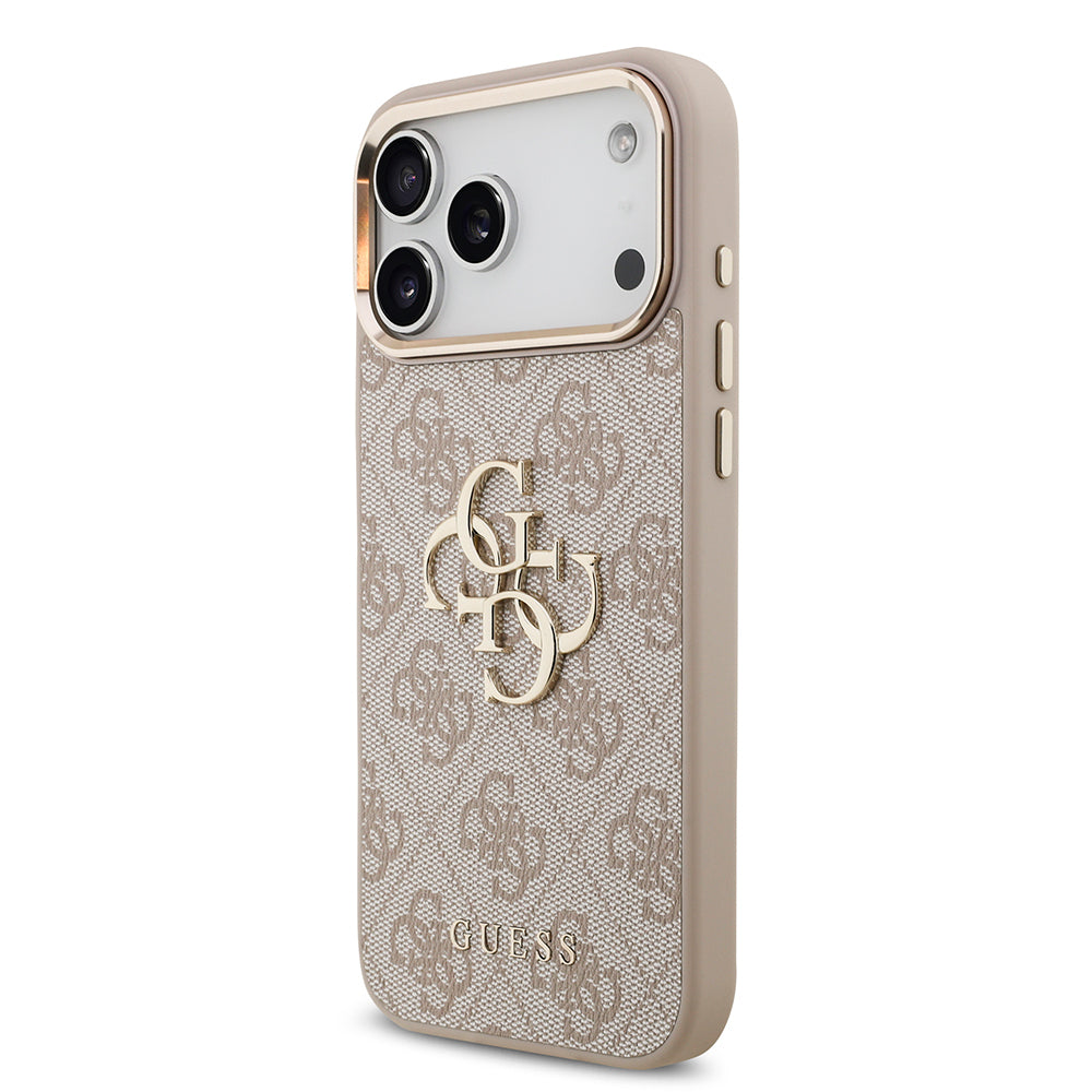 Apple iPhone 17 Pro Max Kılıf Guess Orjinal Lisanslı Gold Metal Kamera Çerçeveli 4G Desenli Metal Büyük 4G ve Yazı Logolu Kapak Siyah