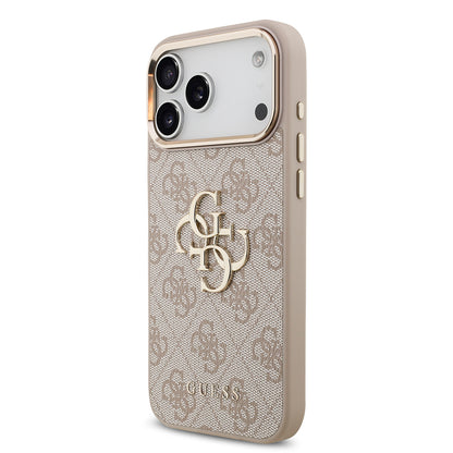 Apple iPhone 17 Pro Max Kılıf Guess Orjinal Lisanslı Gold Metal Kamera Çerçeveli 4G Desenli Metal Büyük 4G ve Yazı Logolu Kapak Pembe