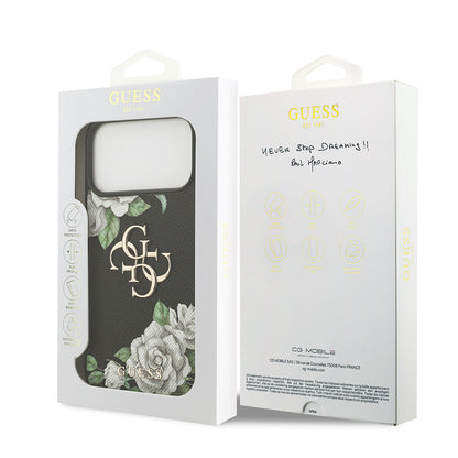 Apple iPhone 17 Pro Max Kılıf Guess Orjinal Lisanslı Gül Baskılı Büyük Metal Logo Dizaynlı Kapak Siyah