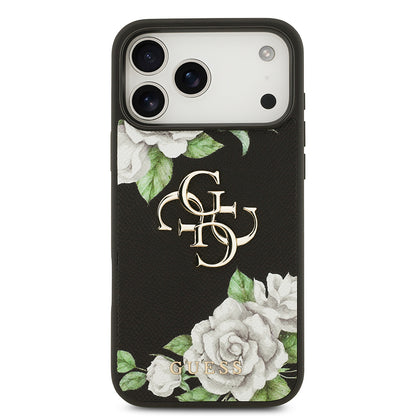 Apple iPhone 17 Pro Max Kılıf Guess Orjinal Lisanslı Gül Baskılı Büyük Metal Logo Dizaynlı Kapak Siyah