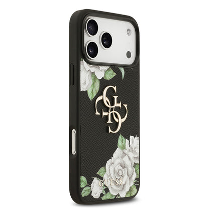 Apple iPhone 17 Pro Max Kılıf Guess Orjinal Lisanslı Gül Baskılı Büyük Metal Logo Dizaynlı Kapak Siyah