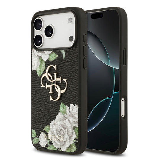 Apple iPhone 17 Pro Max Kılıf Guess Orjinal Lisanslı Gül Baskılı Büyük Metal Logo Dizaynlı Kapak Siyah