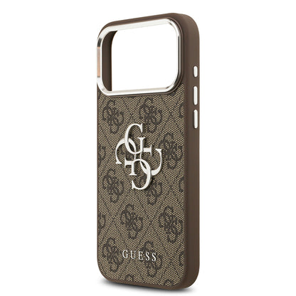 Apple iPhone 17 Pro Max Kılıf Guess Orjinal Lisanslı Gümüş Metal Kamera Çerçeveli 4G Desenli Metal Büyük 4G ve Yazı Logolu Kapak Kahverengi