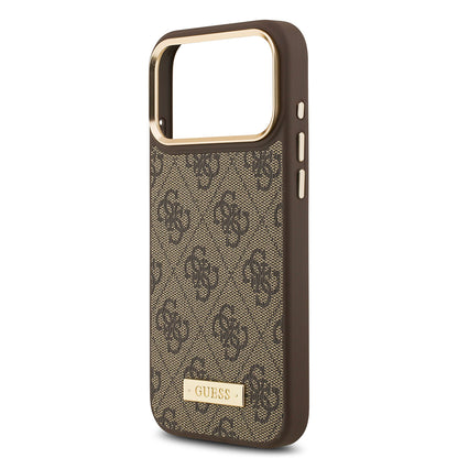 Apple iPhone 17 Pro Max Kılıf Guess Orjinal Lisanslı M-safe Şarj Özellikli 4G Desenli PU Metal Plaka Klasik Logolu Kapak Siyah