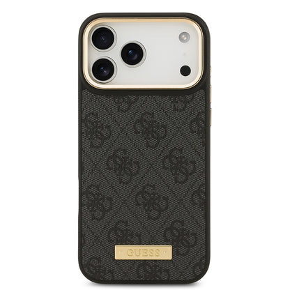 Apple iPhone 17 Pro Max Kılıf Guess Orjinal Lisanslı M-safe Şarj Özellikli 4G Desenli PU Metal Plaka Klasik Logolu Kapak Siyah