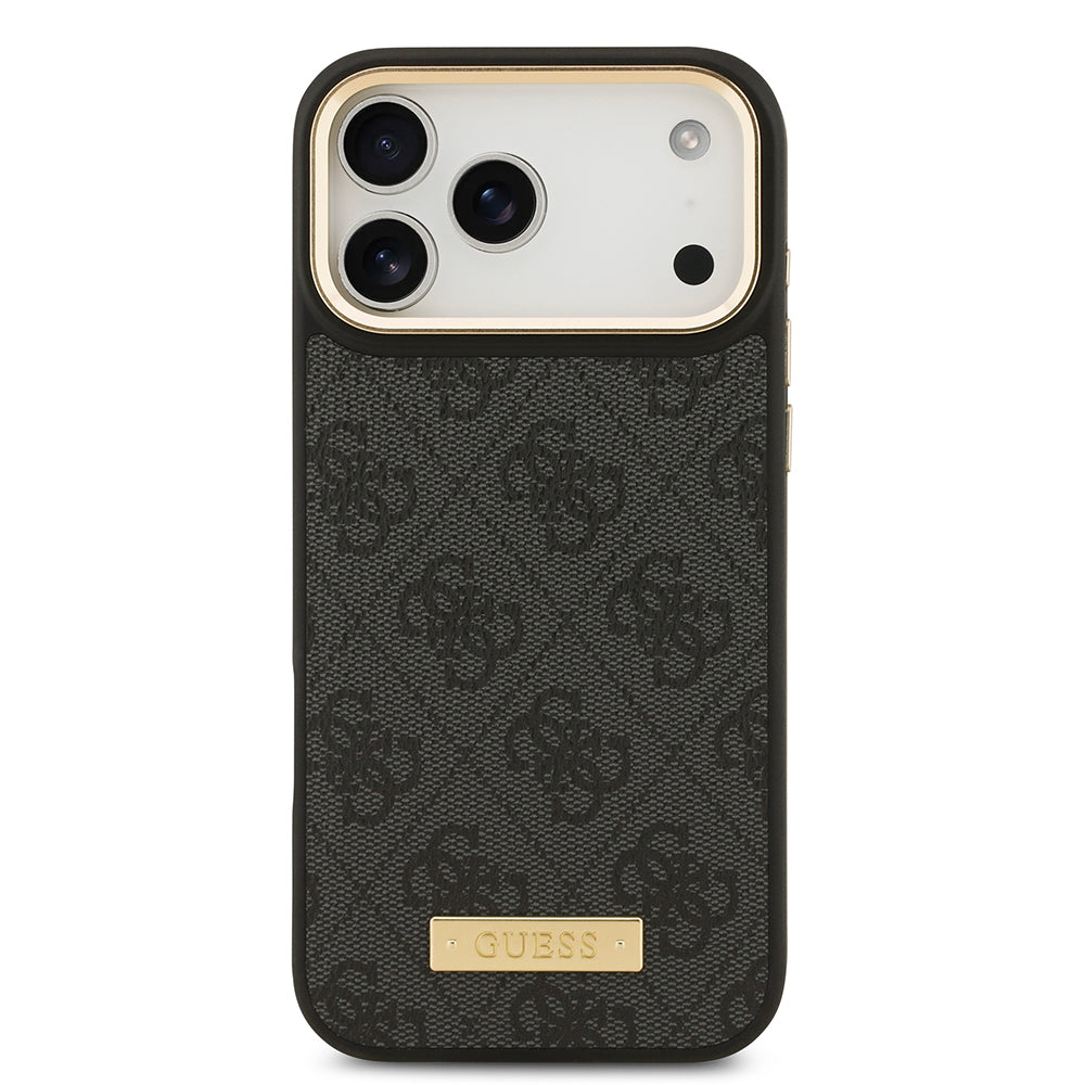 Apple iPhone 17 Pro Max Kılıf Guess Orjinal Lisanslı M-safe Şarj Özellikli 4G Desenli PU Metal Plaka Klasik Logolu Kapak Pembe