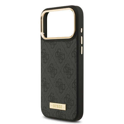 Apple iPhone 17 Pro Max Kılıf Guess Orjinal Lisanslı M-safe Şarj Özellikli 4G Desenli PU Metal Plaka Klasik Logolu Kapak Pembe