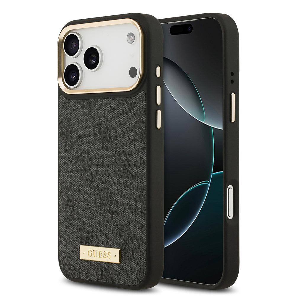 Apple iPhone 17 Pro Max Kılıf Guess Orjinal Lisanslı M-safe Şarj Özellikli 4G Desenli PU Metal Plaka Klasik Logolu Kapak Siyah