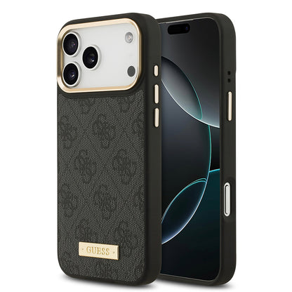 Apple iPhone 17 Pro Max Kılıf Guess Orjinal Lisanslı M-safe Şarj Özellikli 4G Desenli PU Metal Plaka Klasik Logolu Kapak Siyah