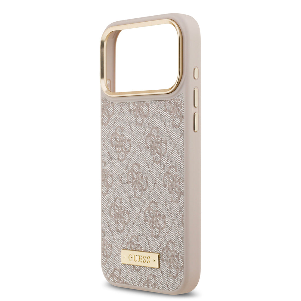 Apple iPhone 17 Pro Max Kılıf Guess Orjinal Lisanslı M-safe Şarj Özellikli 4G Desenli PU Metal Plaka Klasik Logolu Kapak Pembe