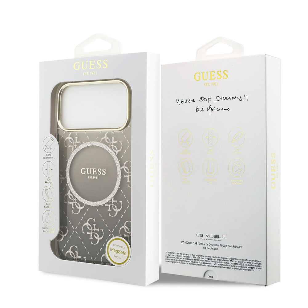 Apple iPhone 17 Pro Max Kılıf Guess Orjinal Lisanslı M-safe Şarj Özellikli 4G Desenli Simli Silikon Kapak Mor