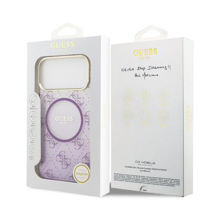 Apple iPhone 17 Pro Max Kılıf Guess Orjinal Lisanslı M-safe Şarj Özellikli 4G Desenli Simli Silikon Kapak Mor