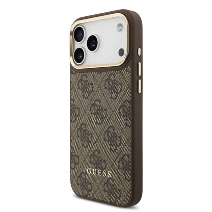 Apple iPhone 17 Pro Max Kılıf Guess Orjinal Lisanslı M-safe Şarj Özellikli 4G Metal Büyük Logolu Kartlıklı Kapak Kahverengi