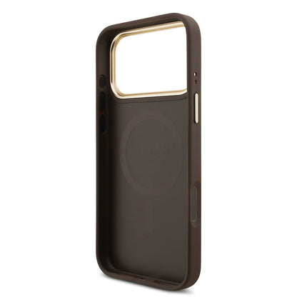 Apple iPhone 17 Pro Max Kılıf Guess Orjinal Lisanslı M-safe Şarj Özellikli 4G Metal Büyük Logolu Kartlıklı Kapak Kahverengi