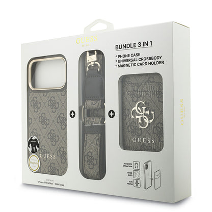 Apple iPhone 17 Pro Max Kılıf Guess Orjinal Lisanslı M-safe Şarj Özellikli Askılı ve 4G Logo Kartlıklı Kapak Kahverengi