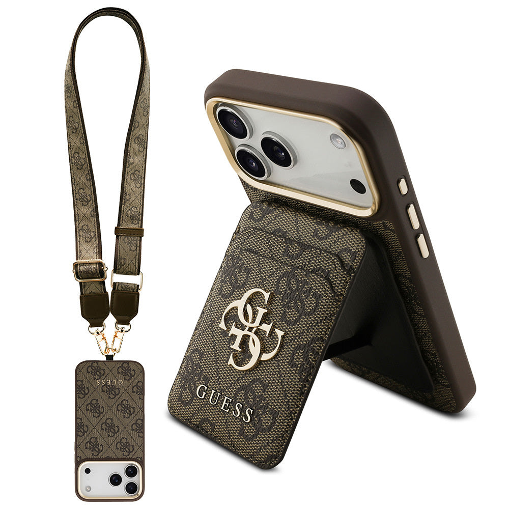 Apple iPhone 17 Pro Max Kılıf Guess Orjinal Lisanslı M-safe Şarj Özellikli Askılı ve 4G Logo Kartlıklı Kapak Siyah