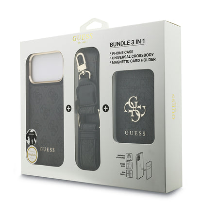 Apple iPhone 17 Pro Max Kılıf Guess Orjinal Lisanslı M-safe Şarj Özellikli Askılı ve 4G Logo Kartlıklı Kapak Siyah