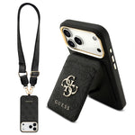 Apple iPhone 17 Pro Max Kılıf Guess Orjinal Lisanslı M-safe Şarj Özellikli Askılı ve 4G Logo Kartlıklı Kapak Siyah