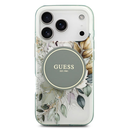 Apple iPhone 17 Pro Max Kılıf Guess Orjinal Lisanslı M-safe Şarj Özellikli Flower Tonal Circle Kapak Yeşil