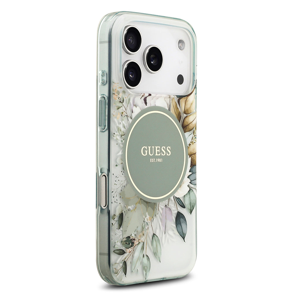 Apple iPhone 17 Pro Max Kılıf Guess Orjinal Lisanslı M-safe Şarj Özellikli Flower Tonal Circle Kapak Yeşil