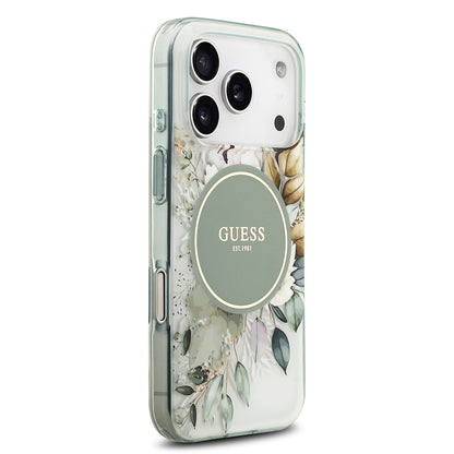 Apple iPhone 17 Pro Max Kılıf Guess Orjinal Lisanslı M-safe Şarj Özellikli Flower Tonal Circle Kapak Yeşil