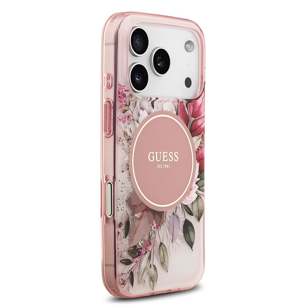 Apple iPhone 17 Pro Max Kılıf Guess Orjinal Lisanslı M-safe Şarj Özellikli Flower Tonal Circle Kapak Kahverengi