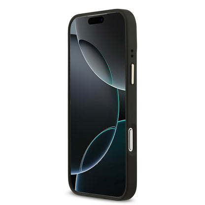 Apple iPhone 17 Pro Max Kılıf Guess Orjinal Lisanslı M-safe Şarj Özellikli Gold Metal Kamera Çerçeveli PU Deri 4G Desenli Yazı Logolu Kapak Mavi