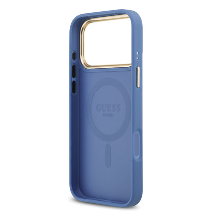 Apple iPhone 17 Pro Max Kılıf Guess Orjinal Lisanslı M-safe Şarj Özellikli Gold Metal Kamera Çerçeveli PU Deri 4G Desenli Yazı Logolu Kapak Siyah