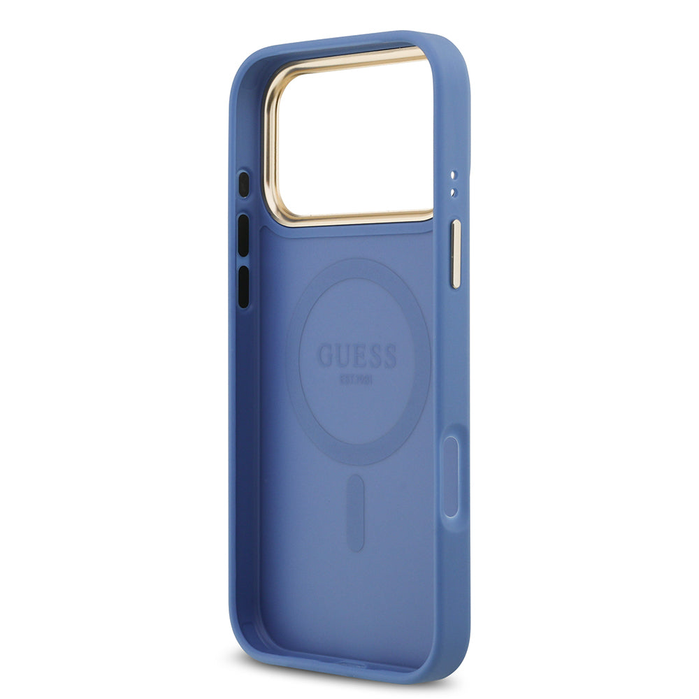 Apple iPhone 17 Pro Max Kılıf Guess Orjinal Lisanslı M-safe Şarj Özellikli Gold Metal Kamera Çerçeveli PU Deri 4G Desenli Yazı Logolu Kapak Kahverengi