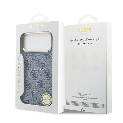 Apple iPhone 17 Pro Max Kılıf Guess Orjinal Lisanslı M-safe Şarj Özellikli Gold Metal Kamera Çerçeveli PU Deri 4G Desenli Yazı Logolu Kapak Siyah