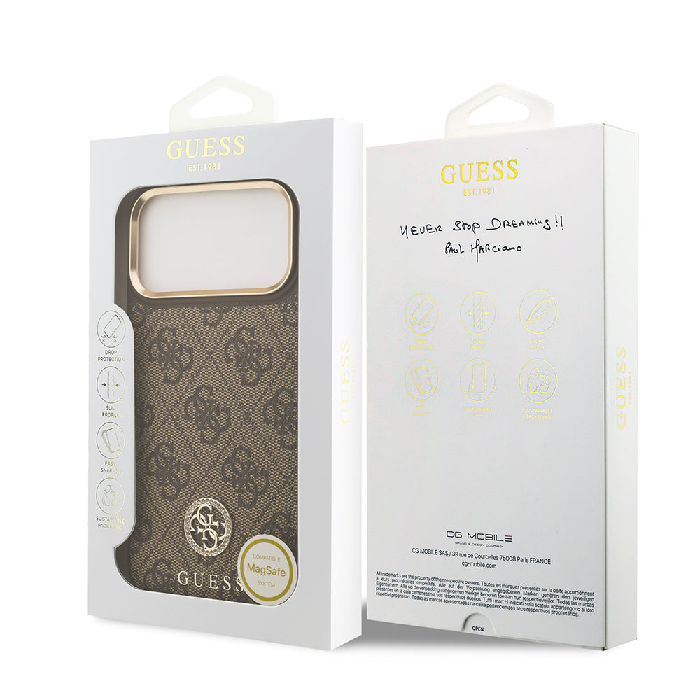 Apple iPhone 17 Pro Max Kılıf Guess Orjinal Lisanslı M-safe Şarj Özellikli Gold Metal Kamera Çerçeveli Taşlı 4G Logolu Kapak Pembe