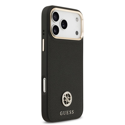 Apple iPhone 17 Pro Max Kılıf Guess Orjinal Lisanslı M-safe Şarj Özellikli Grained Yazı ve Taşlı 4G Logolu Kapak Kahverengi