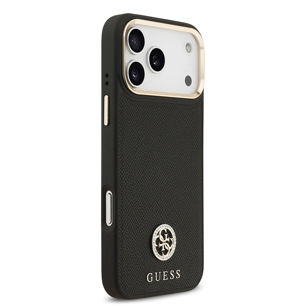 Apple iPhone 17 Pro Max Kılıf Guess Orjinal Lisanslı M-safe Şarj Özellikli Grained Yazı ve Taşlı 4G Logolu Kapak Bej